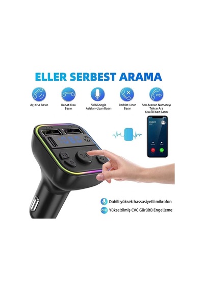 Tr Aft-12 Bluetooth 5.0 Araç İçi Fm Transmitter - 3 Portlu 2x Usb-a + 1x Usb-c Rgb Led Ekranlı Şarj Cihazı Aft-