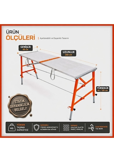 Alüminyum Gövdeli Çelik Ayaklı Teleskopik Katlanır İnşaat İskelesi - 400 Kg Taşıma Kapasitesi 100x48x160cm