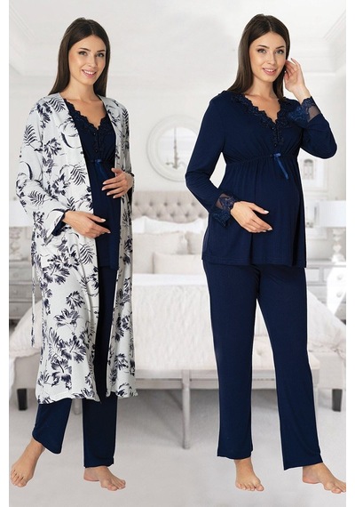 Kaktüslohusa Effort Kadın Lacivert Uzun Kollu Hamile Lohusa Sabahlıklı Pijama Takımı 8094 Lacivert