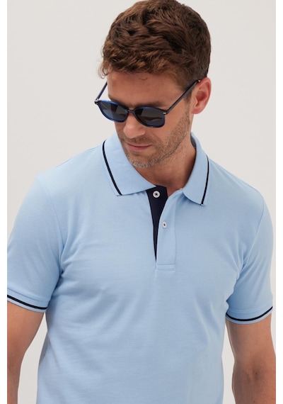 Tudors Erkek Slim Fit Dar Kesim %100 Pamuk Yumuşak Dokulu Serin Tutan Kumaş Düz Pike Mavi Polo Yaka Tişört-42247 Mavi