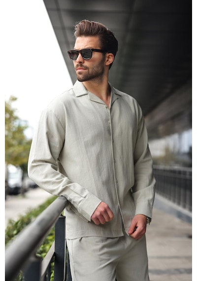 Madmext Boyalı Gri Düğmeli Basic Erkek Gömlek Pantolon Takım E7335 Boyalı Gri