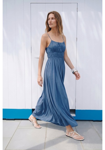Sateen Askılı Uzun Elbise - İndigo-137496 Indigo Sateen Askılı Uzun Elbise - İndigo-137496 Indigo