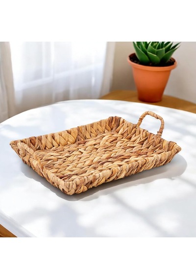 El Yapımı Su Sümbülü Hasır Kulplu Dekoratif Tepsi Büyük Boy 32cm 25cm 4cm