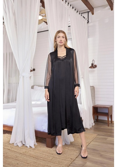 Aria's Closet Herşeytrend Dantelli Tüllü Ve Dekolteli Saten Sabahlık Takımı Siyah