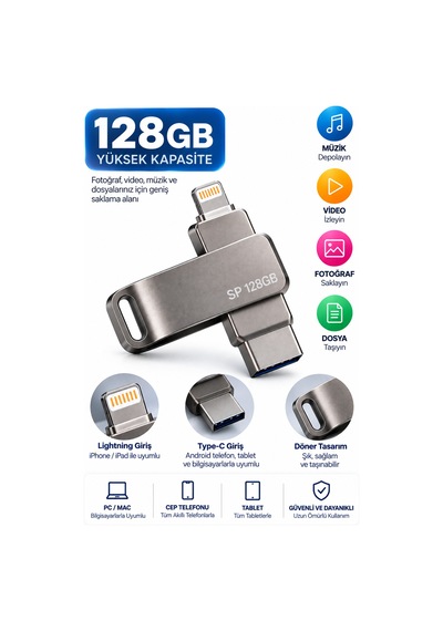 Telefon Tablet Ve Bilgisayar Uyumlu 128gb Lightning Type C Çoklu Girişli Usb Bellek
