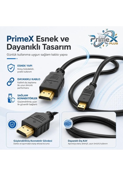 Primex Px-1121 Micro Hdmı To Hdmı Kablo, 1.5 Metre 1080p Full Hd Hdmi Görüntü Ve Ses Aktarım Kablosu, Micro Hdmi Type-d Kamera Tablet Mini Laptop Raspberry Pi Tv Monitör Projeksiyon Bağlantı Kablosu