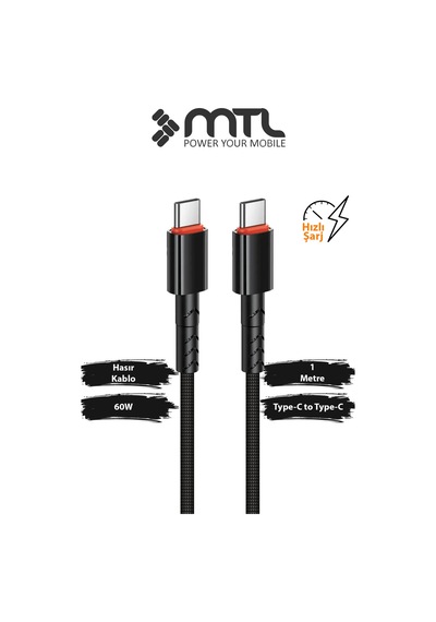 60w Pd Type-c To Type-c Örgülü Ultra Hızlı Şarj Ve Data Kablosu 1 Metre Siyah Mt2117