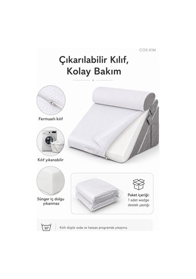 10 İn 1 Çok Yönlü Wedge Destek Yastığı, Sırt Bel Boyun Bacak Destek, Fermuarlı Kılıflı Beyaz