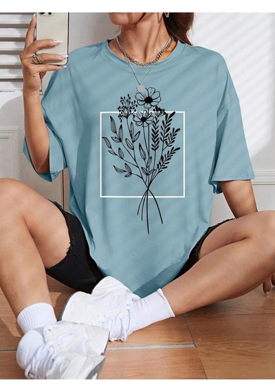 Çiçekli Desenler T-shirt - Bebe Mavisi Baskılı Oversize Bisiklet Yaka Kısa Kol Tişört Bebe Mavisi Çiçekli Desenler T-shirt - Bebe Mavisi Baskılı Oversize Bisiklet Yaka Kısa Kol Tişört Bebe Mavisi