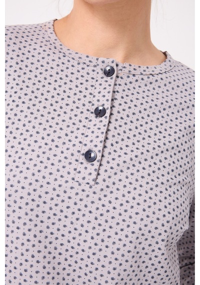 Lespadon Ocean Rıpple Premium Örme Pamuk Uzun Kollu Henley & Uzun Pantolonlu Kadın Pijama Takımı-3232 Gri