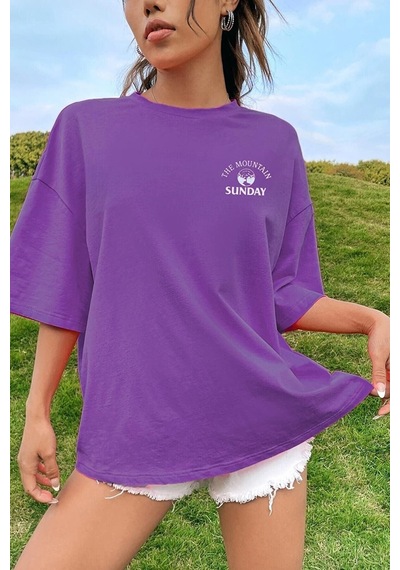 Sunday Mountain T-shirt - Mor Baskılı Oversize Bisiklet Yaka Kısa Kol Tişört Mor
