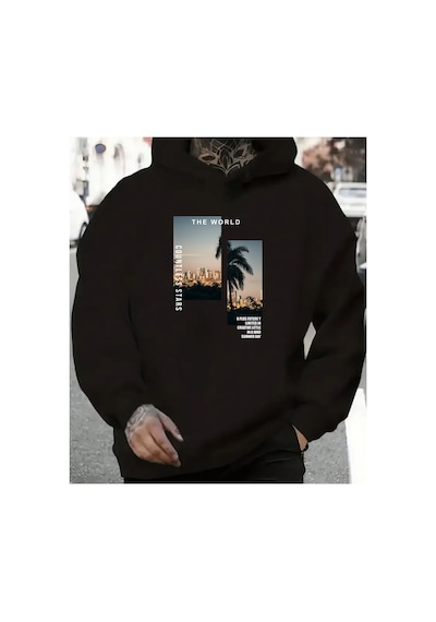 Herkesemoda The World Baskı Detaylı Kapüşonlu Sweatshırt Siyah Siyah