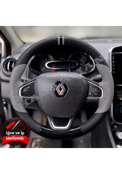 Renault Clio 4 Dikme Direksiyon Kılıfı Delikli Deri Parlak Siyah Gri Detay Çift Yüzük Ve Dikiş 2012-2019