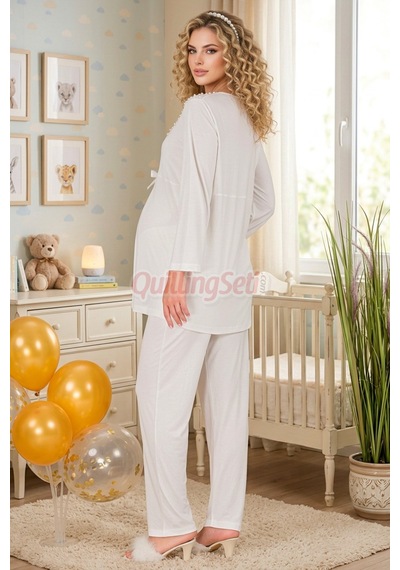 Quilling Lady Ekru Renkli, Dantel Detaylı 33209 Uzun Kol, 2 Parça Lohusa Hamile Pijama Takımı M - L