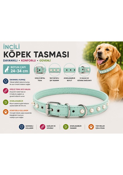 İncili Köpek Boyun Tasması 24-34 Cm Küçük Irk Ayarlanabilir Metal Tokalı D Halkalı - Mint Yeşili Çok Renkli