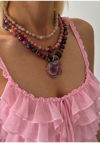El Yapımı Pembe Opal, Rodonit & Pembe Akik Doğal Taş Kolye Seti