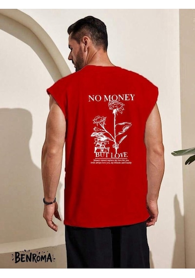 No Money But Love Baskılı Kolsuz Tişört Kirmizi