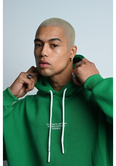 Oversize Kapşonlu Kanguru Cepli İçi Polarlı 3 İplik Erkek Sweatshirt Yeşil