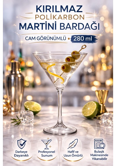 Polikarbon Martini Kadehi Kırılmaz Cam Görünümlü 6 Adet 280 Ml Kokteyl Bardağı Şeffaf
