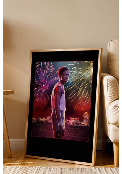 Stranger Things Lucas Sinclair Tasarım Çerçeveli Tablo - Retro Hawkins Yazı Sanatsal Duvar Dekoru Kayın