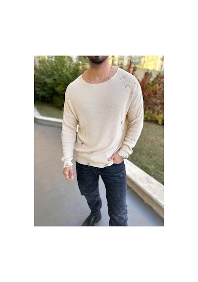 Elku Moda Kazak Naturel Örme Pamuk Bisiklet Yaka Tüylenmeyen Yırtık Detaylı Lazer Kesim Triko Kazak Açık Bej Elku Moda Kazak Naturel Örme Pamuk Bisiklet Yaka Tüylenmeyen Yırtık Detaylı Lazer Kesim Triko Kazak Açık Bej