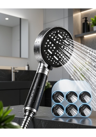 Duş Başlığı 6 Modlu Filtreli Büyük Panel Siyah Metalik Model Çok Renkli