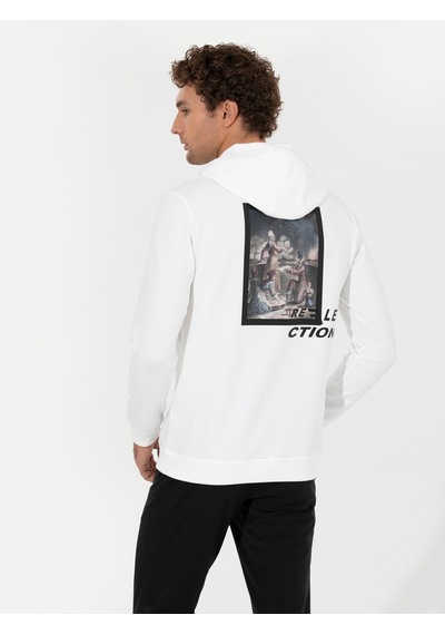Beyaz Pamuk Karışımlı Kapüşonlu Baskılı Sweatshirt