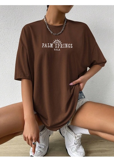 Palm Springs T-shirt - Kahverengi Baskılı Oversize Bisiklet Yaka Kısa Kol Tişört Kahverengi Palm Springs T-shirt - Kahverengi Baskılı Oversize Bisiklet Yaka Kısa Kol Tişört Kahverengi
