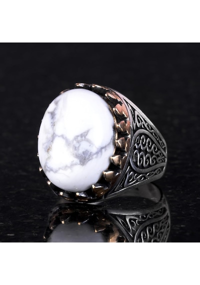 925 Ayar Katı Gümüş Erkek Yüzük, Doğal Taşlarla - El Yapımı Zarafet Howlite Taşı Gümüş