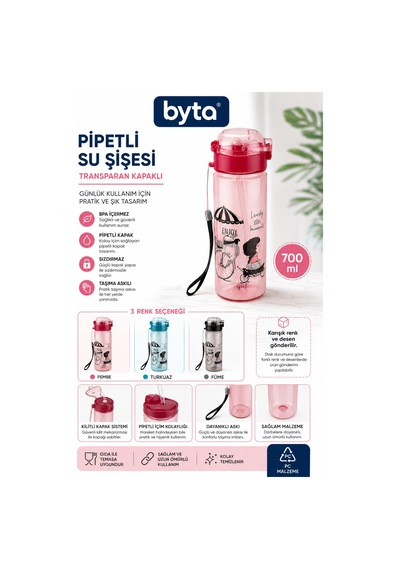 700 Ml Pipetli Matara Su Şişesi Kilitli Kapaklı, Askılı, Sızdırmaz, Bpa İçermez Pembe