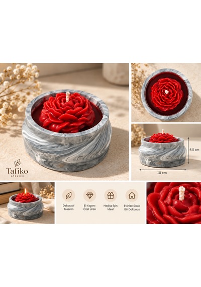 Tafiko Atelier Dekoratif Çiçekli El Yapımı Mum Kırmızı - Siyah