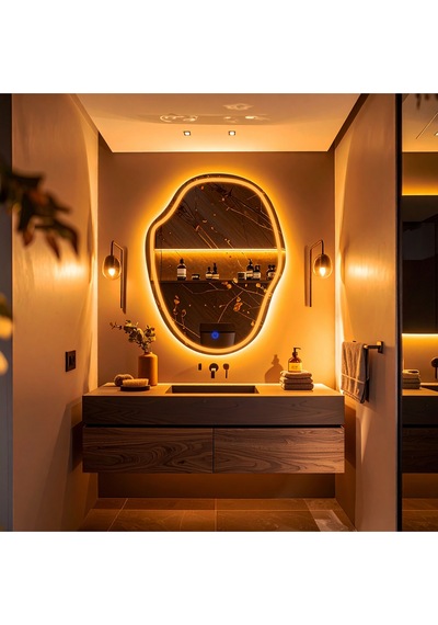Zelvora Amber Led'li Lazer Kumlamalı Lavabo & Banyo Aynası Dokunmatik Sensörlü 100 X 75 Cm Turuncu