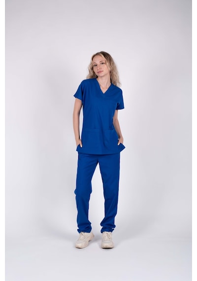 Saks Mavi Likralı Kadın Hemşire Ve Doktor Forması Takımı Scrubs Hastane Üniforması