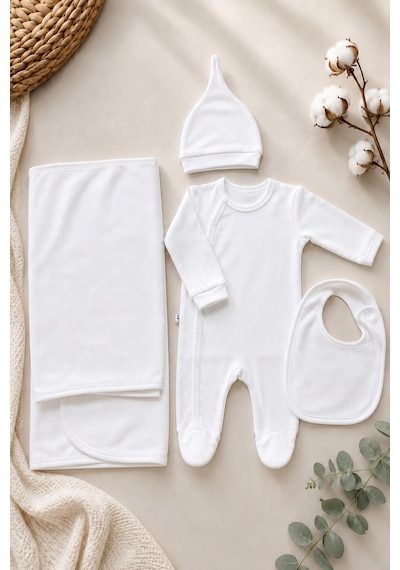 Babyhola Yenidoğan Bebek 4'lü Set Patikli Tulum Bere Önlük Battaniye 7069 Ekru