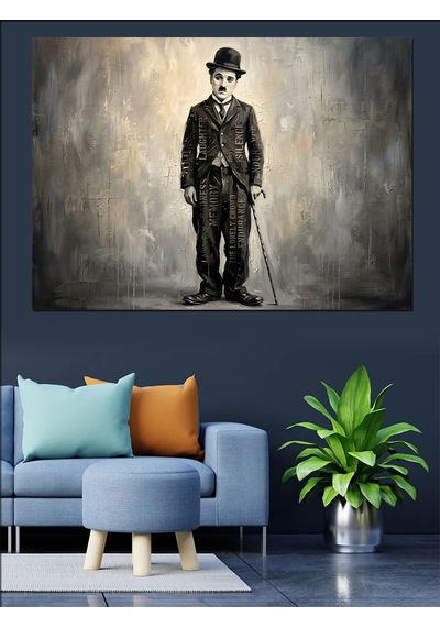 Charlie Chaplin Siyah Beyaz Portre Dekoratif Kanvas - Mdf Ahşap Tablo