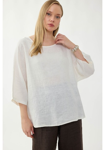 Vitrin %100 Keten Geniş Yaka Oversize Kısa Kol Bluz Krem