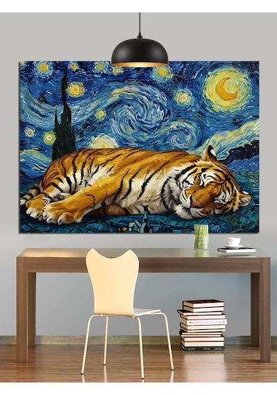 Van Gogh Tarzı Yıldızlı Kaplan Dekoratif Kanvas - Mdf Ahşap Tablo