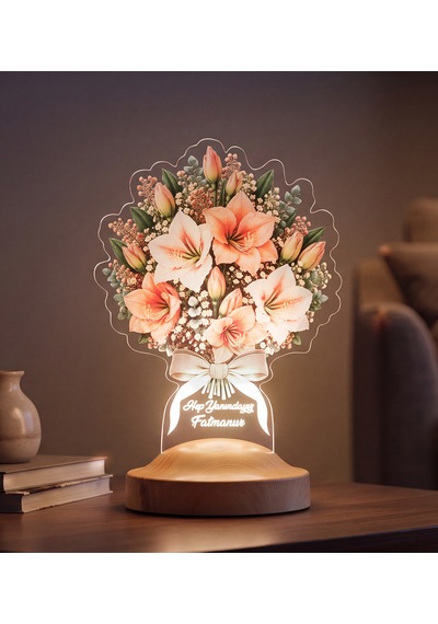Amaryllis - Nergis Zambağı Çiçek Buketi Led Lamba, Işıklı Güzel Hatun Çiçeği Solmayan Çiçek Sevgiliye Eşe Kişiye Özel Hediye