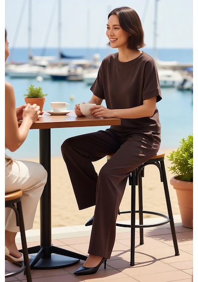 Benerly Kadın Soft Touch Örme Takım Kısa Kollu Bisiklet Yaka Geniş Paça U Vizon Benerly Kadın Soft Touch Örme Takım Kısa Kollu Bisiklet Yaka Geniş Paça U Vizon