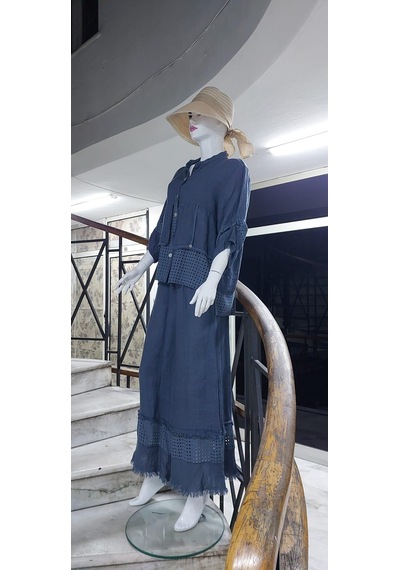 Bohem Stil İtalyan Fisto Detaylı Keten Pantolon Ceket Takım-9196 Gri
