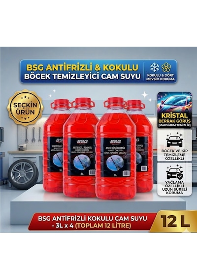 Antifrizli Kokulu Cam Suyu 3 Lt X 4 Adet - Toplam 12 Litre - Böcek Temizleme Etkili Dört Mevsim