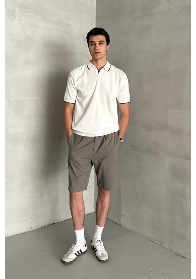 Erkek Oversize Selanik Polo Yaka Triko T-shirt Beyaz