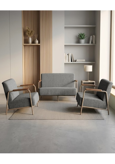 Atlas 2+1+1 Dokuma Kumaş Ofis Cafe Bekleme Koltuk Takımı Cappuccino Metal Gri
