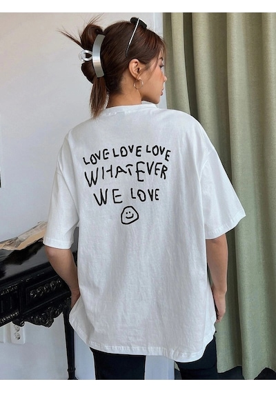 Startmore Kadın Beyaz Love Love Love Baskılı Oversize T-shirt Beyaz