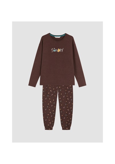 Lcw Dream Kahverengi Bisiklet Yaka Baskılı Kadın Pijama Takım
