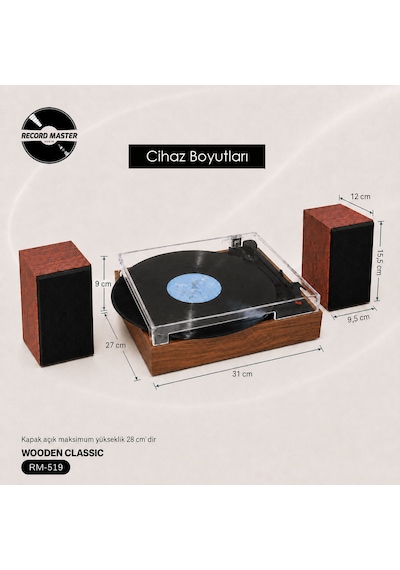 Record Master Rm-519 Pikap - Bluetooth Özellkli - 33 Ve 45 Devir Plaklar İle Uyumlu - Güçlü Ses Ahşap Kahverengi