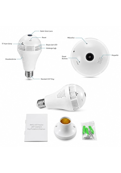 360 Panoramik Ampul Kamera E27 Duy Girişli Led Wifi Ip Kamera V380 Pro Türkçe Uygulama Destekli