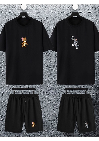 Unisex Kadın Erkek Sevimli Tom Ve Jerry Baskılı Sevgili Çift Kombini Tasarım Oversize Tshirt Ve Şort Siyah Mck2453 Siyah