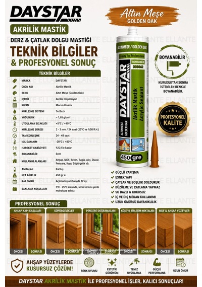 Altın Meşe Akrilik Mastik 450 Gr Boyanabilir Derz Ve Çatlak Dolgu Mastiği Ahşap Uyumlu Golden Oak Es Çok Renkli Altın Meşe Akrilik Mastik 450 Gr Boyanabilir Derz Ve Çatlak Dolgu Mastiği Ahşap Uyumlu Golden Oak Es Çok Renkli