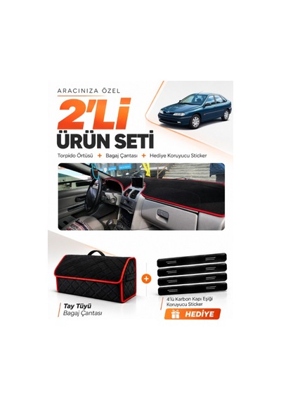 Renault Laguna 1 Aırbagli 2000-2007 Uyumlu Torpido Örtüsü + Tay Tüyü Çanta Seti - Siyah Kırmızı
